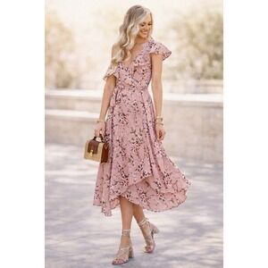 WAYF Pink Wrap Midi Dress Size M Blossom Coquette Femenine Fairycore Whimsical